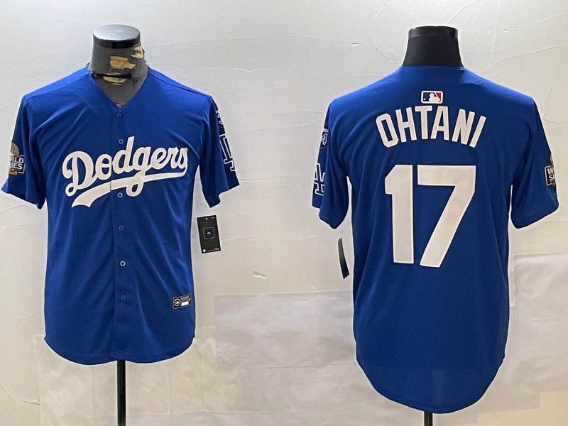 Men Los Angeles Dodgers 17 Ohtani 2024 World series patch blue jersey 20241120120
